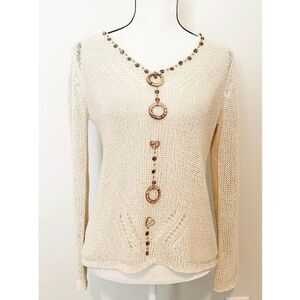 BCBGMAXAZRIA Long Sleeve Beads Tribal Open Knit V-Neck Sweater Size M